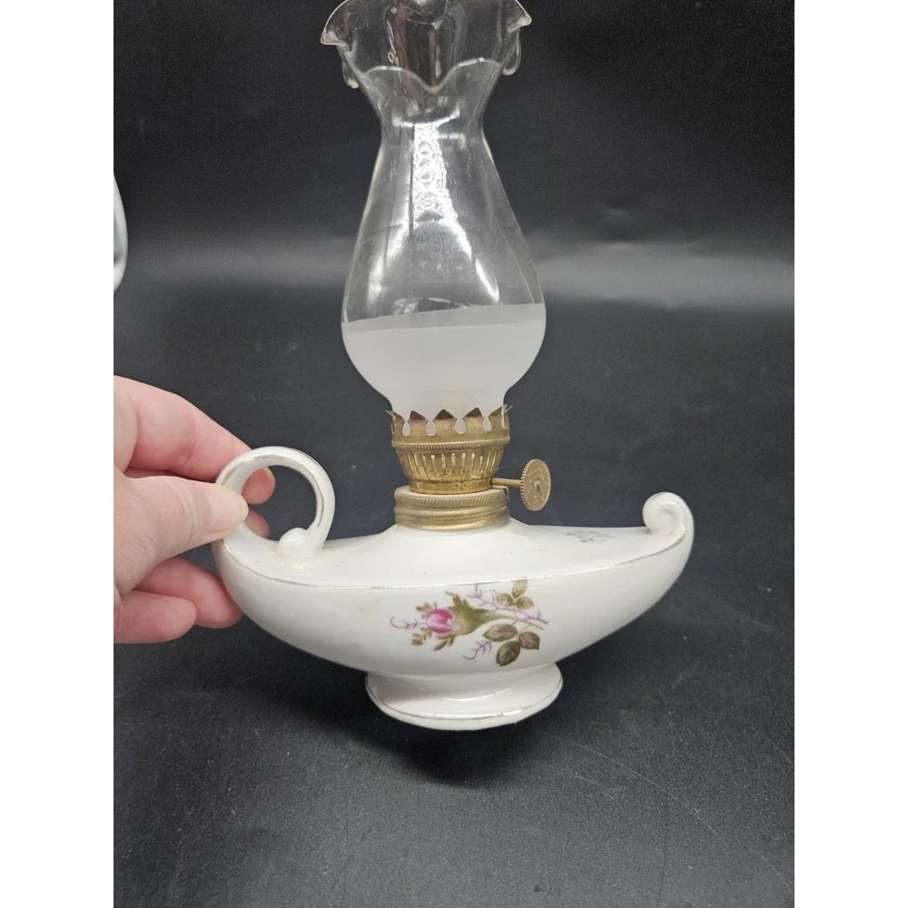 Vintage Small 7 Inch Oil Lamp Genie Style With Finger Hole - Floral Pattern
